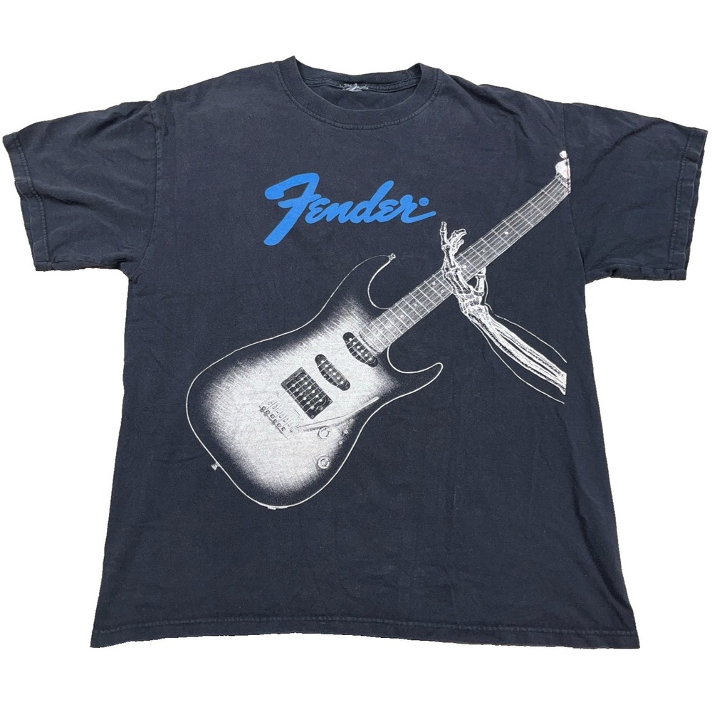 Vintage Y2K Fender Shirt Men Large Black Guitar Band Tee Skeleton Skate Punk